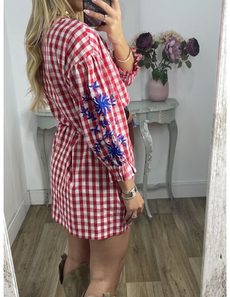 Vestido Cuadros vichy rojo con bordados