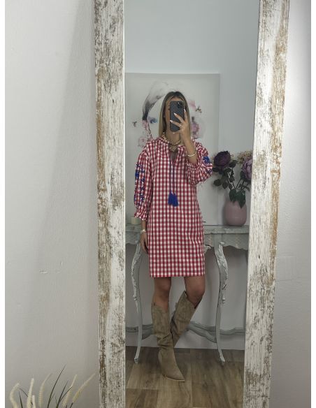 Vestido Cuadros vichy rojo con bordados