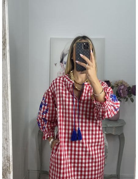 Vestido Cuadros vichy rojo con bordados