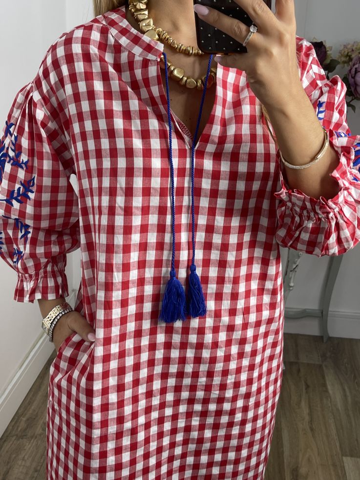 Vestido Cuadros vichy rojo con bordados