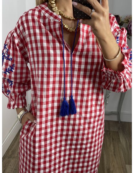 Vestido Cuadros vichy rojo con bordados