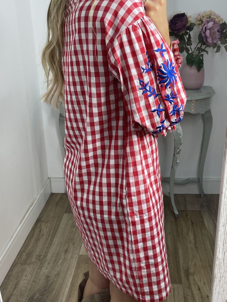 Vestido Cuadros vichy rojo con bordados