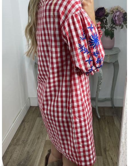 Vestido Cuadros vichy rojo con bordados