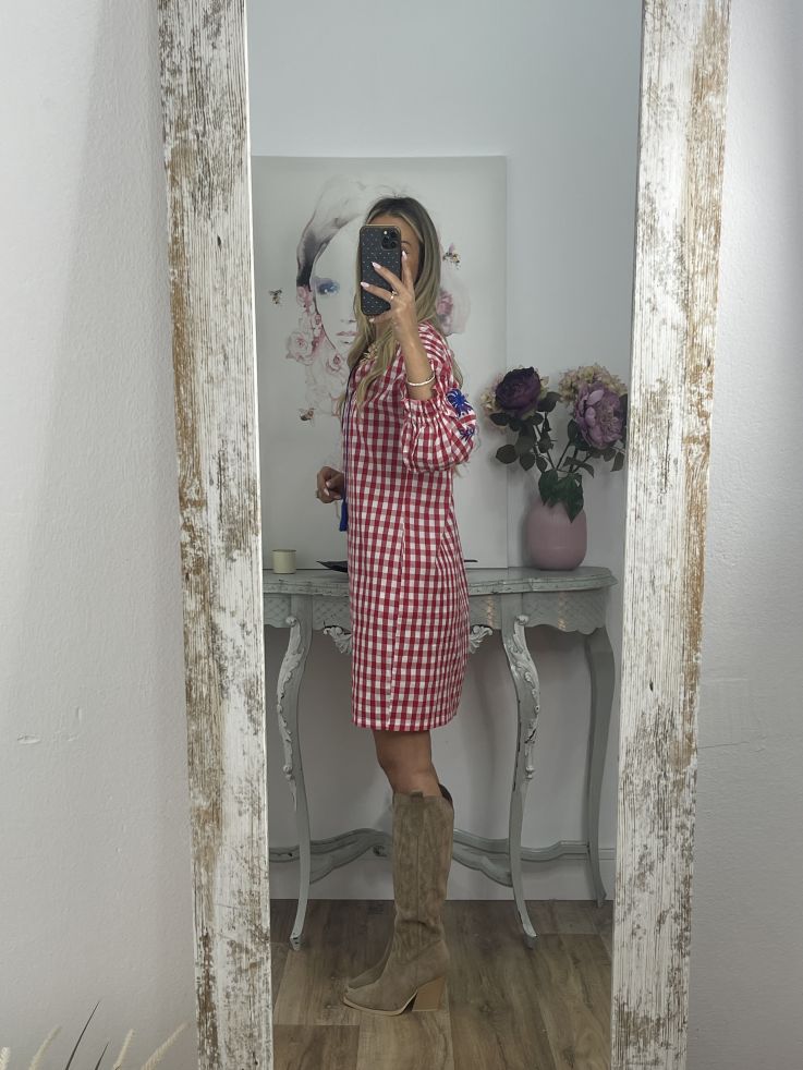 Vestido Cuadros vichy rojo con bordados
