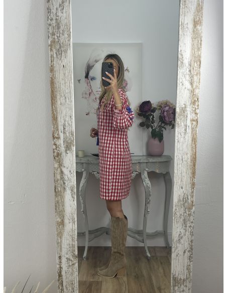 Vestido Cuadros vichy rojo con bordados