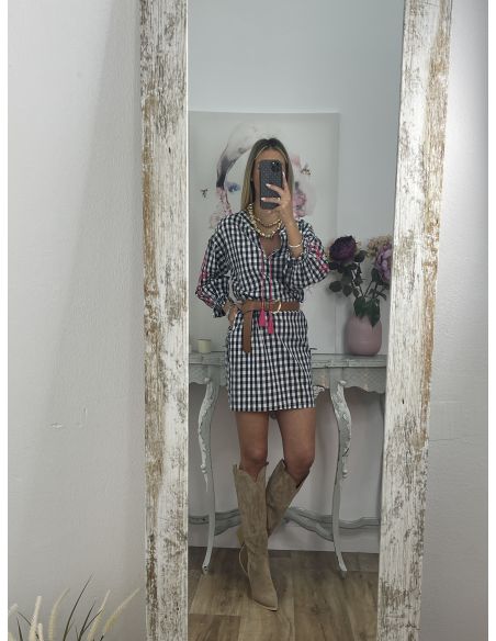 Vestido Cuadros vichy azul marino con bordados