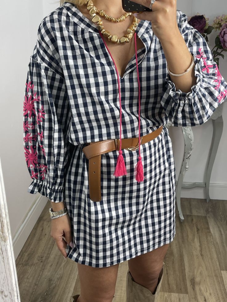 Vestido Cuadros vichy azul marino con bordados