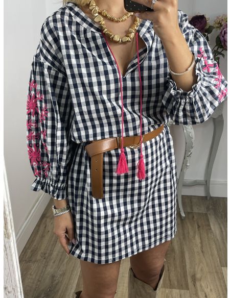 Vestido Cuadros vichy azul marino con bordados