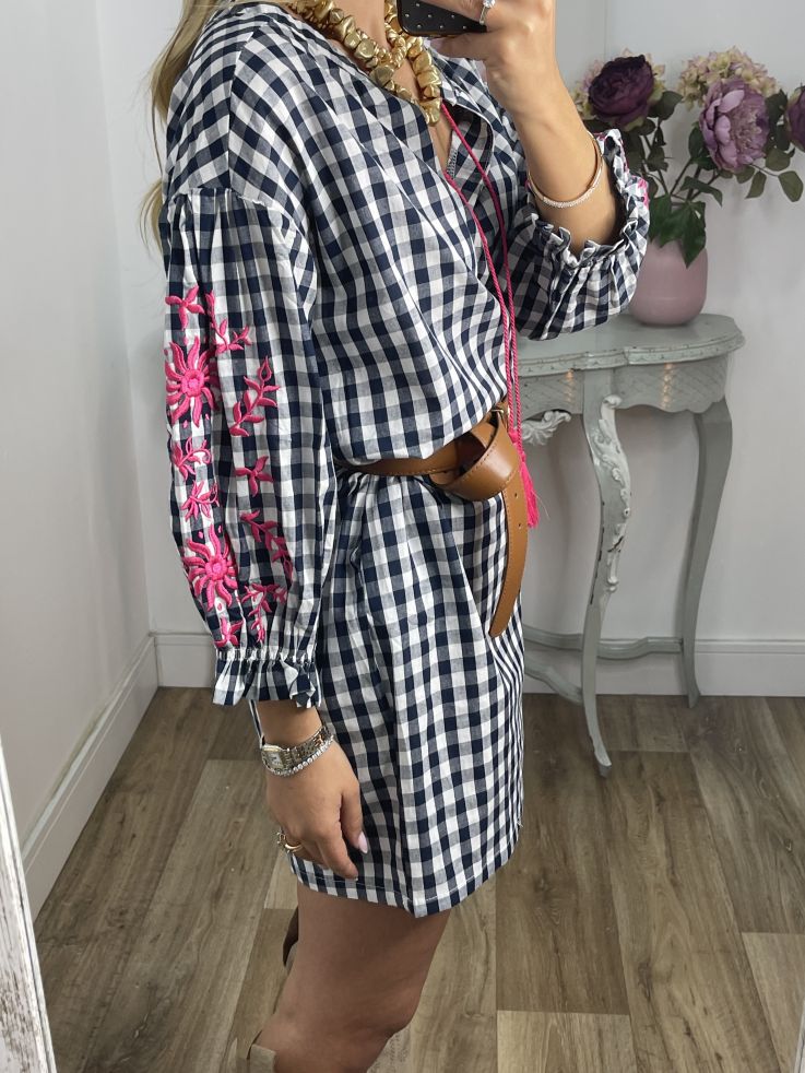 Vestido Cuadros vichy azul marino con bordados