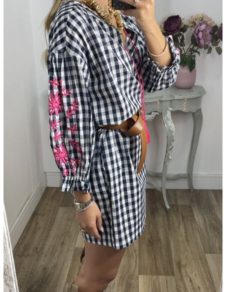 Vestido Cuadros vichy azul marino con bordados