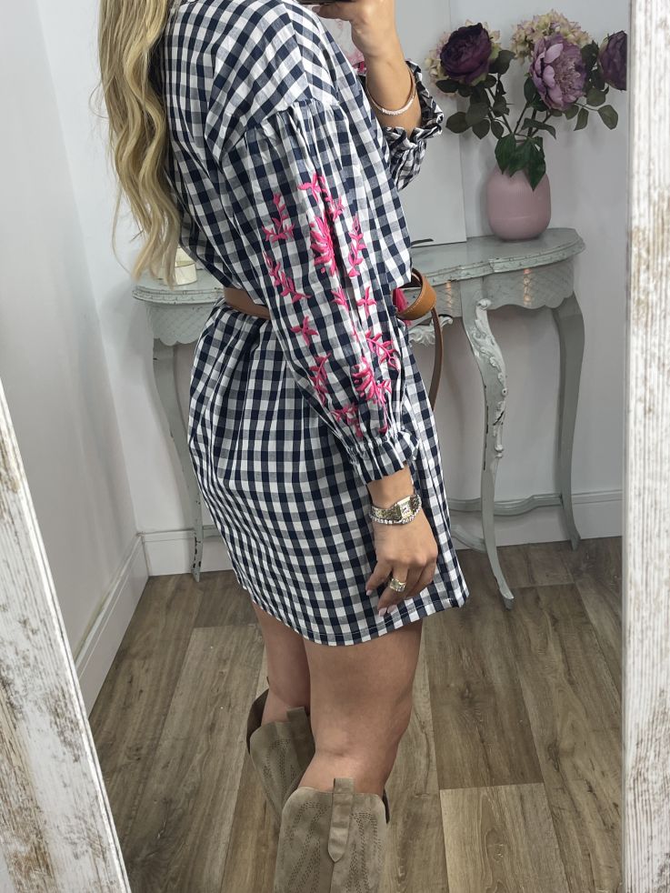 Vestido Cuadros vichy azul marino con bordados