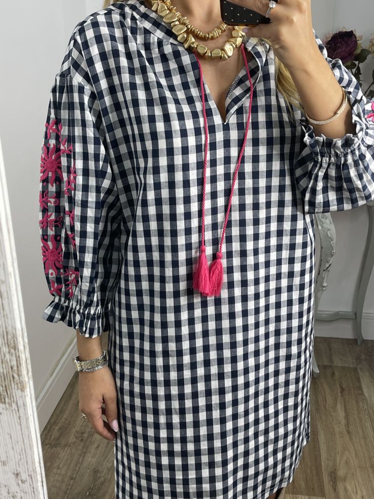 Vestido Cuadros vichy azul marino con bordados