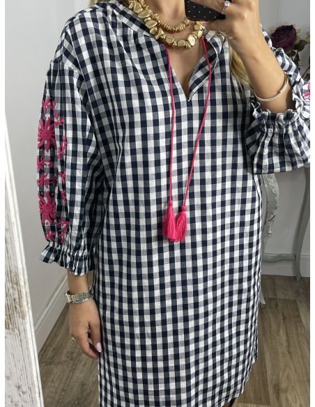 Vestido Cuadros vichy azul marino con bordados