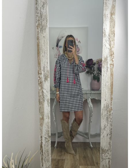 Vestido Cuadros vichy azul marino con bordados