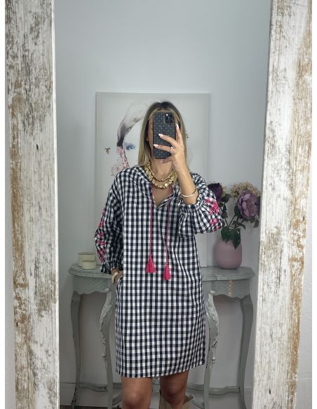 Vestido Cuadros vichy azul marino con bordados