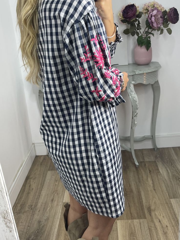 Vestido Cuadros vichy azul marino con bordados