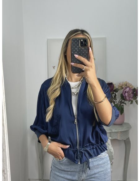 Bomber satinada azul noche con cremallera