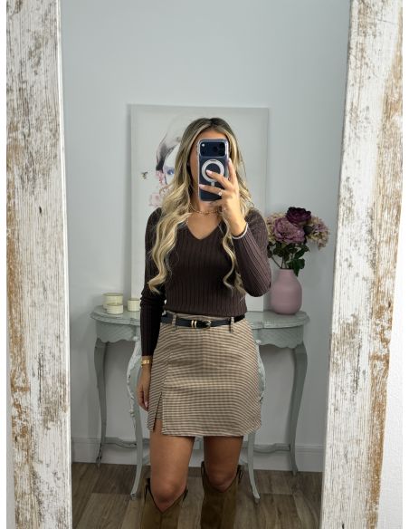Falda pantalón pata gallo cinturón marrón