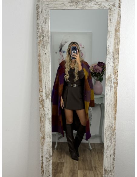 Abrigo Ideal cuadros morado y mostaza