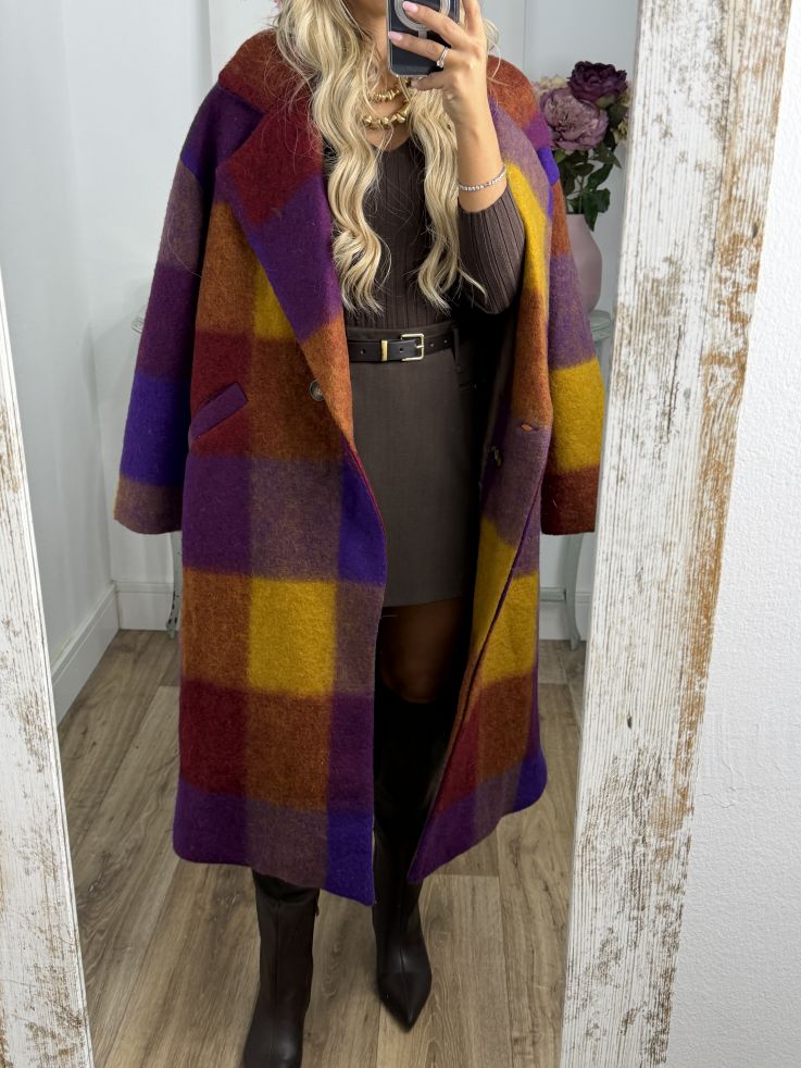 Abrigo Ideal cuadros morado y mostaza