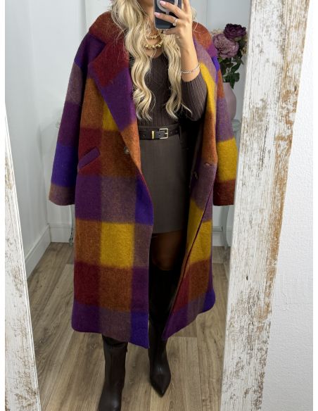 Abrigo Ideal cuadros morado y mostaza