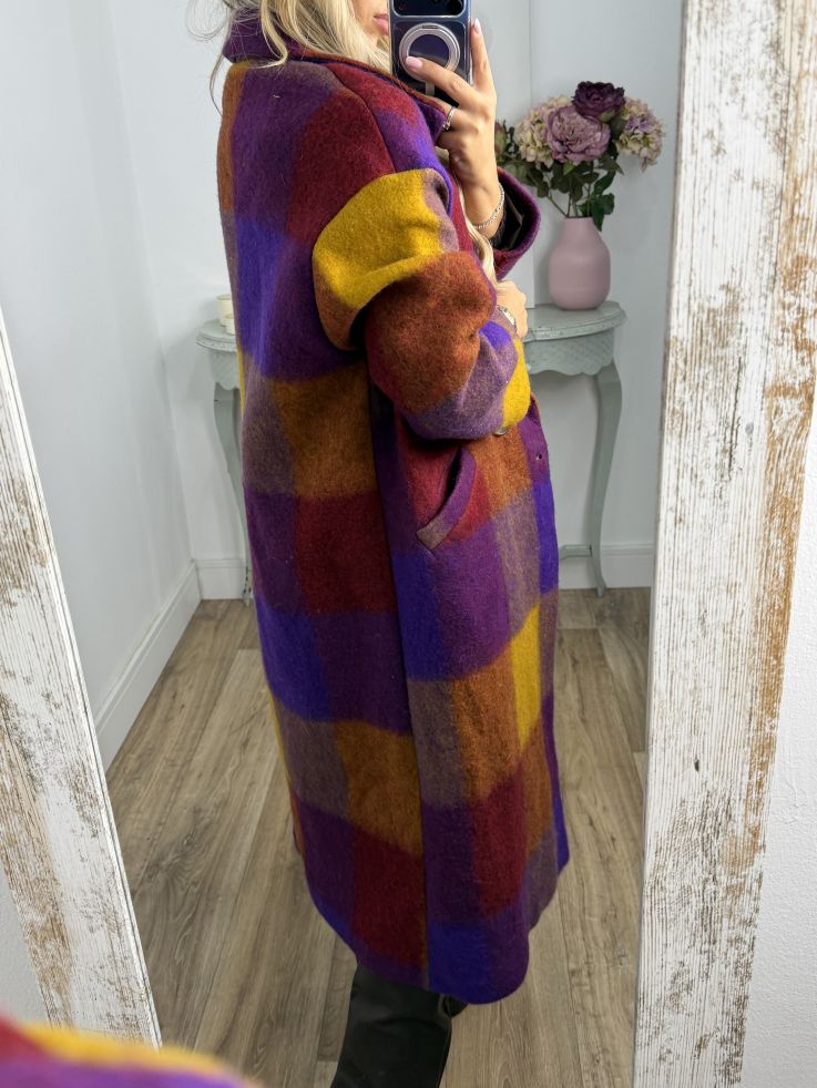 Abrigo Ideal cuadros morado y mostaza
