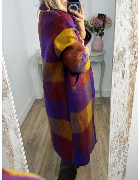 Abrigo Ideal cuadros morado y mostaza