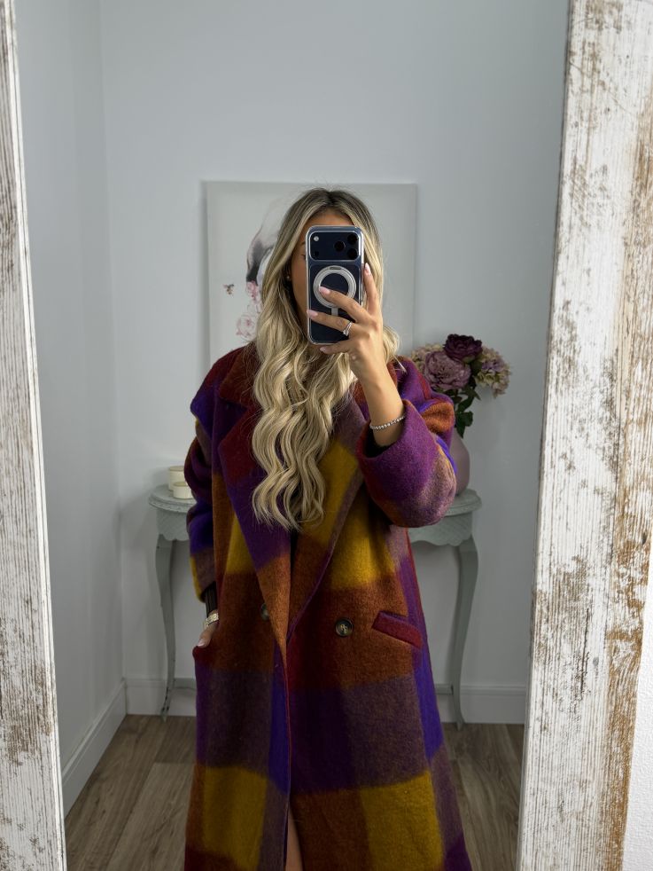 Abrigo Ideal cuadros morado y mostaza