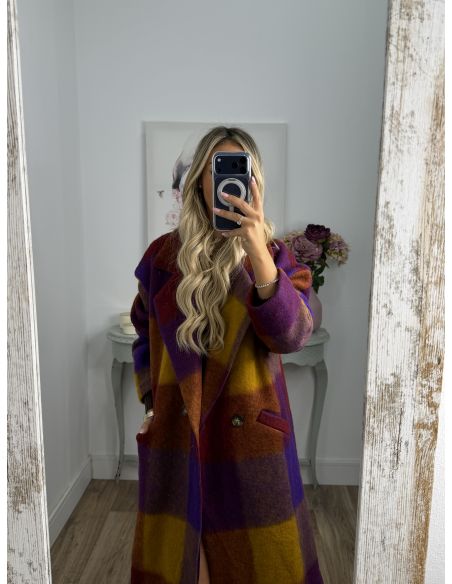 Abrigo Ideal cuadros morado y mostaza