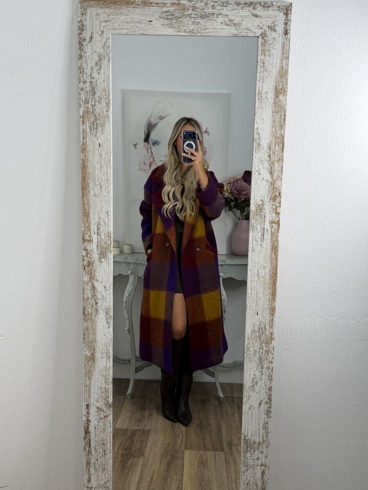 Abrigo Ideal cuadros morado y mostaza