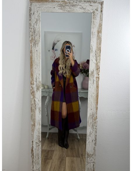 Abrigo Ideal cuadros morado y mostaza