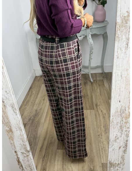 Pantalón de cuadros berenjena y gris