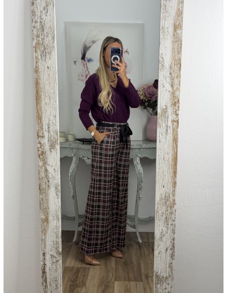 Pantalón de cuadros berenjena y gris