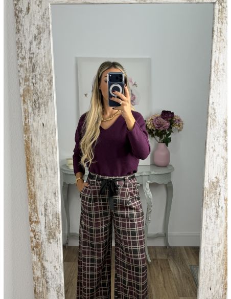 Pantalón de cuadros berenjena y gris