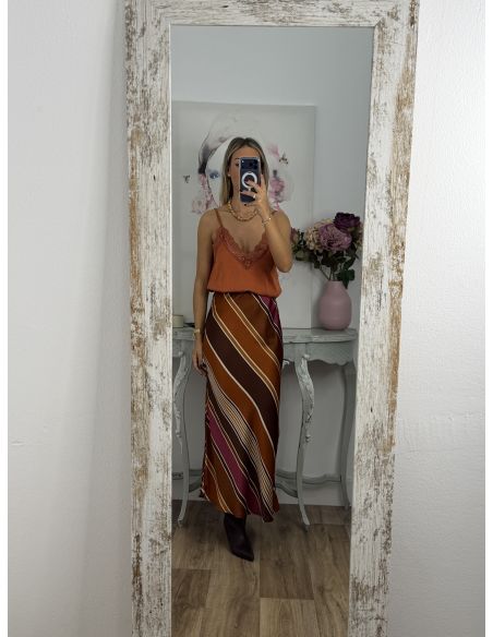 Falda satinada rayas oblicuas teja