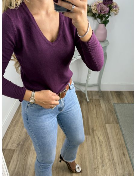 Jersey básico cuello pico berenjena