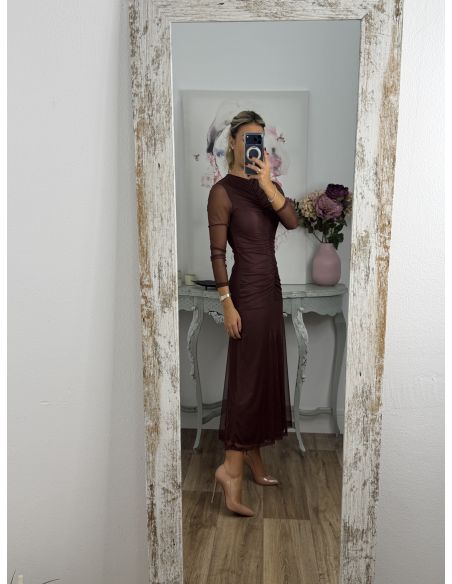 Vestido chocolate cuerpo fruncido