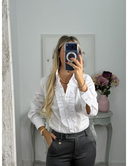 Camisa Blanca con volantes y botones perla