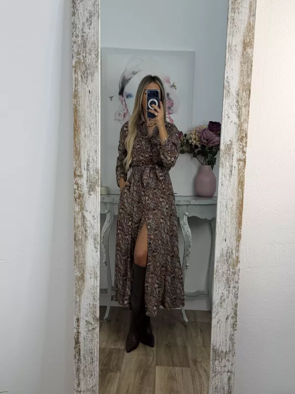Vestido Lina camisero flores marrones