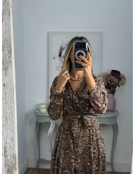 Vestido Lina camisero flores marrones