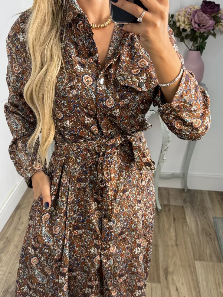 Vestido Lina camisero flores marrones