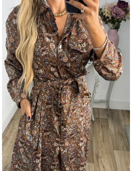 Vestido Lina camisero flores marrones