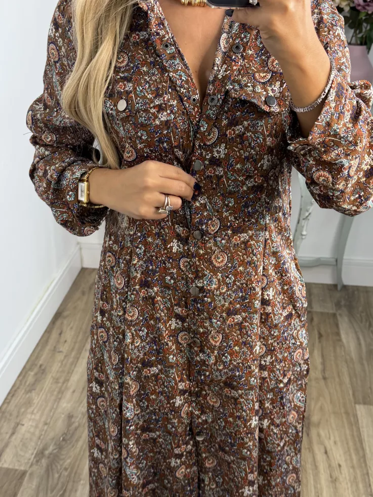 Vestido Lina camisero flores marrones