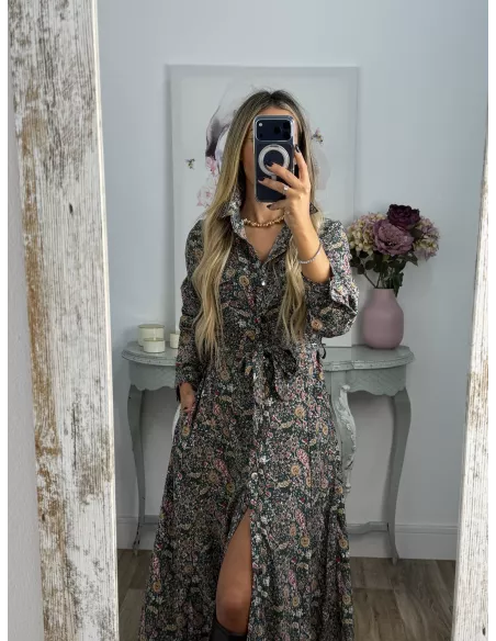 Vestido Lina camisero flores verde