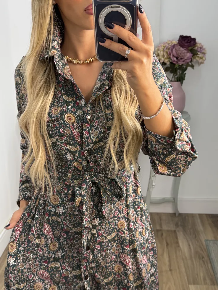 Vestido Lina camisero flores verde