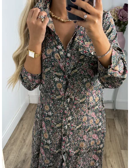 Vestido Lina camisero flores verde