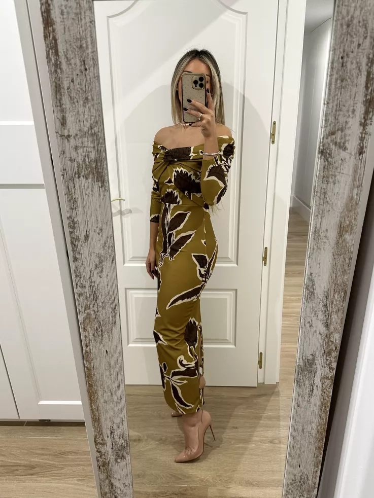 Vestido Sonsoles tonos lima y marrón