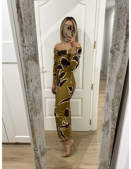 Vestido Sonsoles tonos lima y marrón