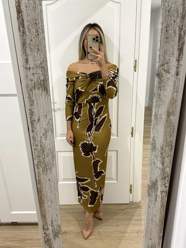 Vestido Sonsoles tonos lima y marrón