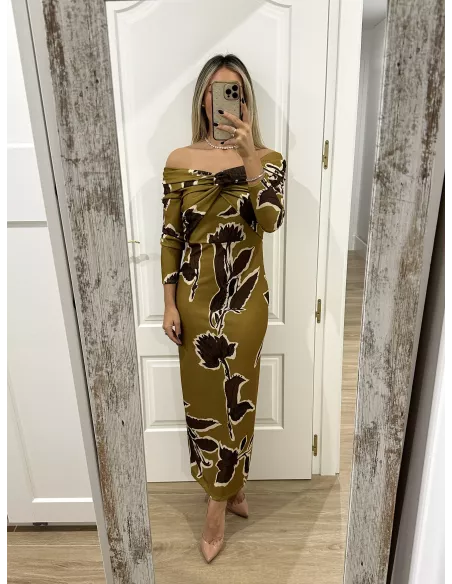 Vestido Sonsoles tonos lima y marrón